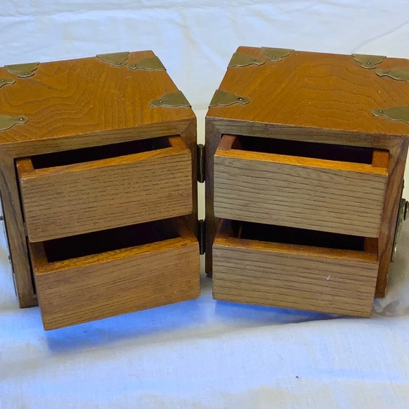 Korean Wood and Brass Jewelry Box with 4 Square Velveteen Lined Drawers - Picture 6 of 10